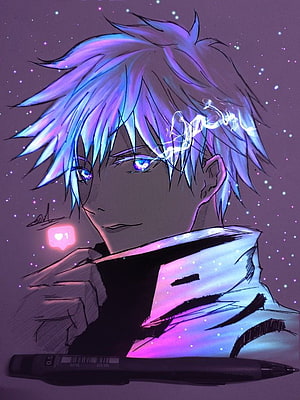 Gojo Satoru Glow Art Anime Portrait with Neon Blue Hair and Cosmic Background HD phone wallpaper