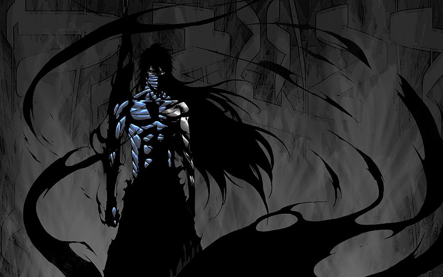 Dark Anime Character with Glowing Blue Muscles and Shadowy Tendrils HD wallpaper
