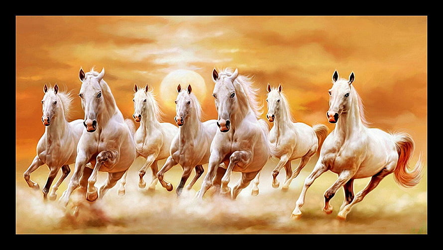 Seven White Horses Galloping in a Dusty Sunset Landscape HD wallpaper