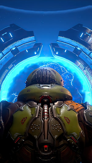 Doom Slayer in Marauder Armor Facing a Glowing Blue Portal in Doom Eternal HD phone wallpaper