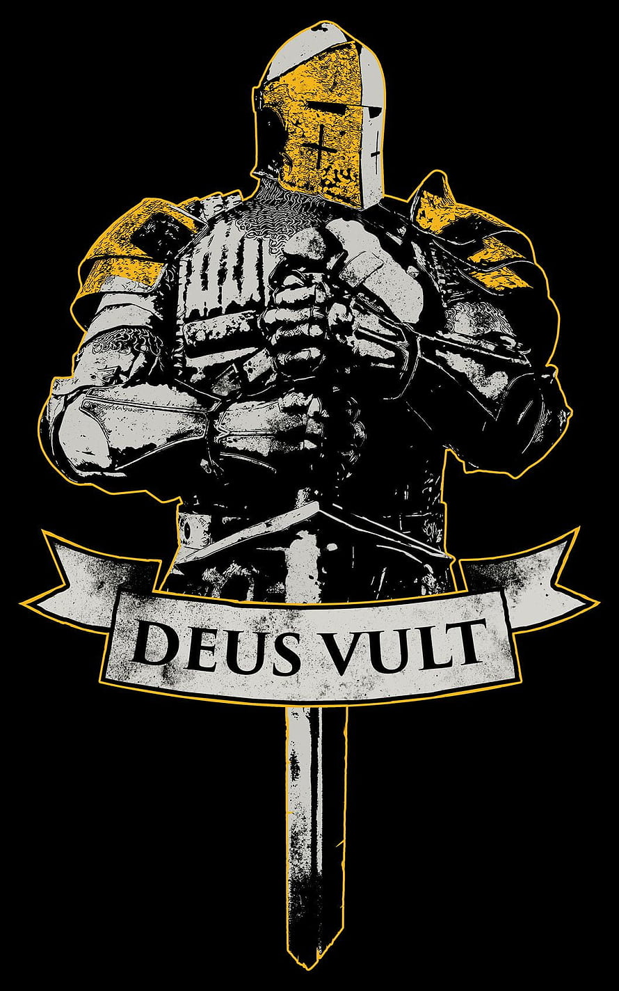 Medieval Knight in Full Plate Armor with Sword and Deus Vult Banner HD phone wallpaper