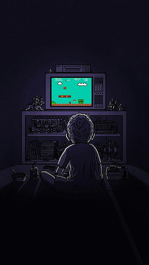 Nostalgic Boy Playing Retro Super Mario Bros on Vintage CRT Television in Dark Room HD phone wallpaper