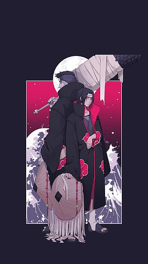 Kakashi and Itachi in Akatsuki Robes with Parasols and Full Moon HD phone wallpaper