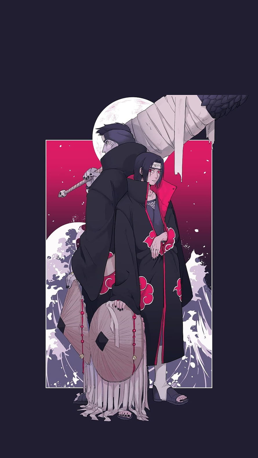 Kakashi and Itachi in Akatsuki Robes with Parasols and Full Moon HD phone wallpaper