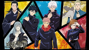 Jujutsu Kaisen Character Group Portrait in Geometric Collage Style HD wallpaper