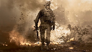 Ghost from Call of Duty Modern Warfare 2 Walking Through a War-Torn Battlefield HD wallpaper
