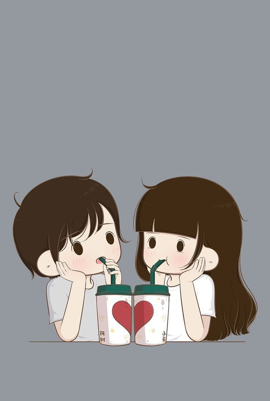 Cute Anime Couple Sharing Heart-Shaped Coffee Cups in Kawaii Style HD phone wallpaper