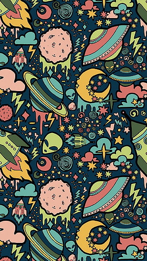 Retro Space Doodle Pattern with Aliens, Rockets, and Planets on Dark Background HD phone wallpaper