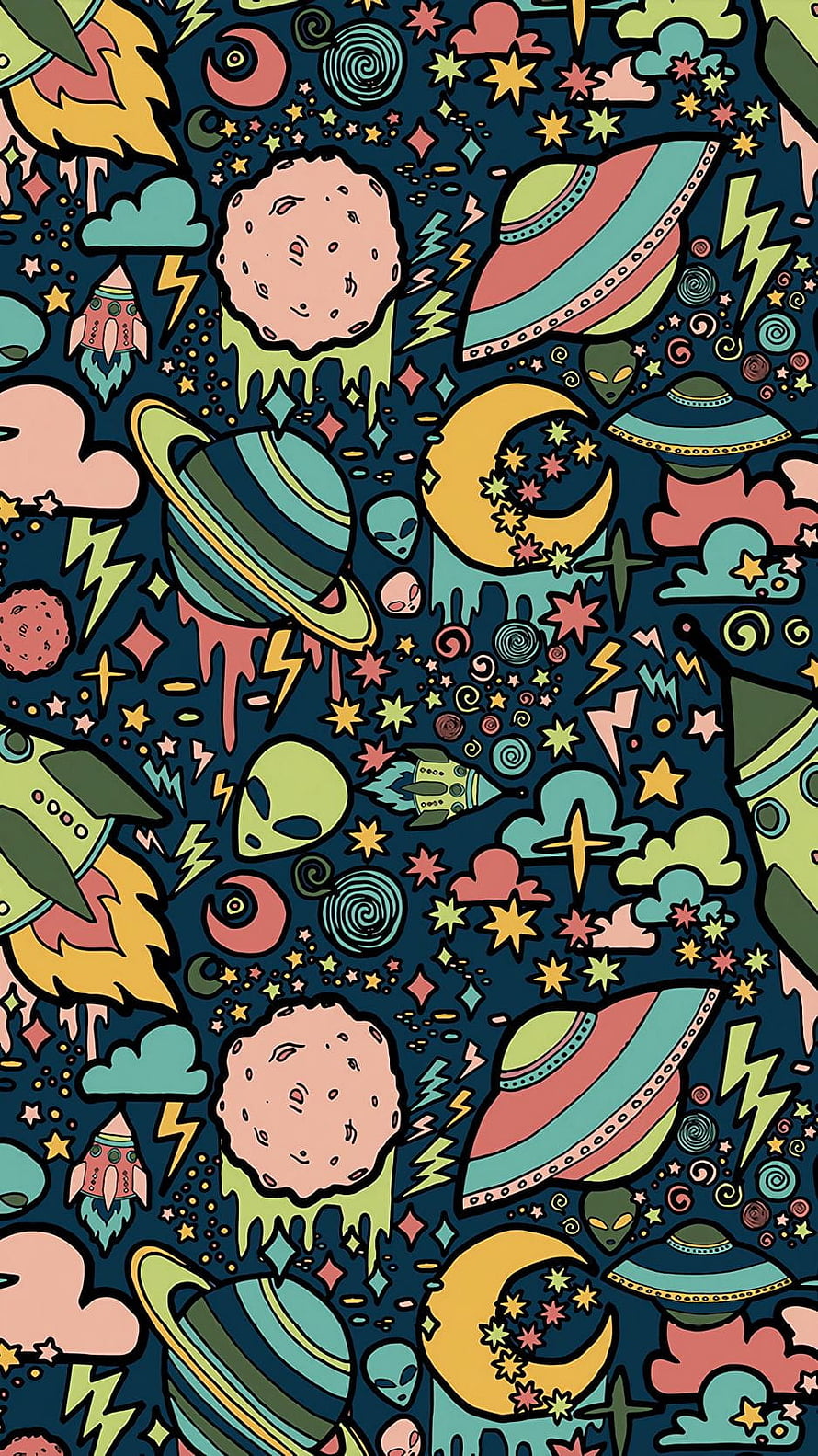 Retro Space Doodle Pattern with Aliens, Rockets, and Planets on Dark Background HD phone wallpaper