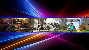 Gaming Banner Featuring League of Legends, CS GO, and Minecraft with Neon Light Trails HD wallpaper