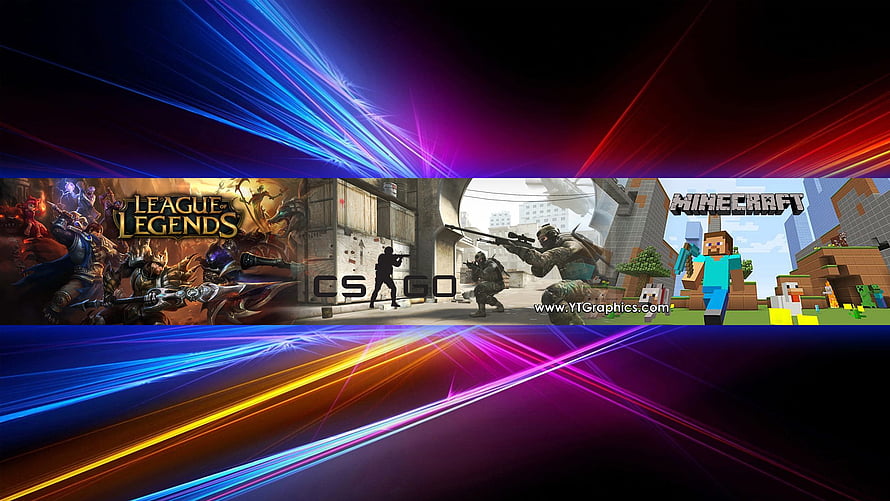 Gaming Banner Featuring League of Legends, CS GO, and Minecraft with Neon Light Trails HD wallpaper