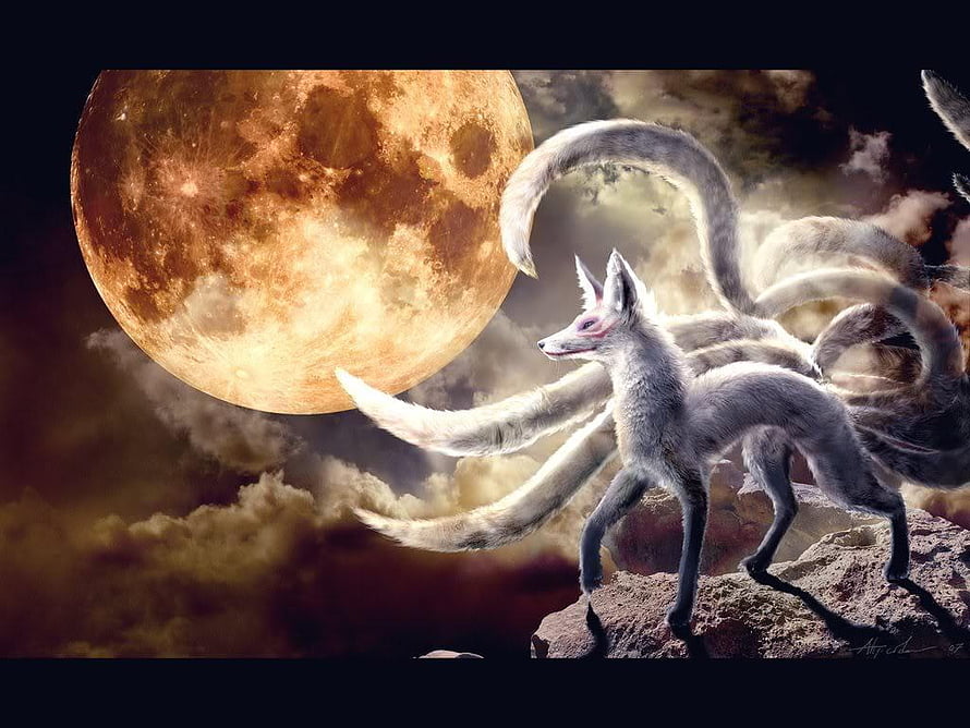 Kitsune Nine-Tailed Fox Standing on Rocky Outcrop Beneath a Giant Full Moon HD wallpaper