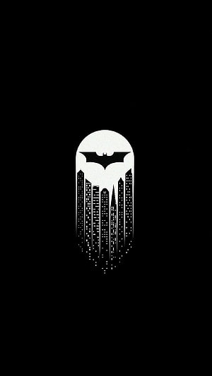 Minimalist Batman Logo Over Gotham City Skyline in Black and White, Black Batman , amoled black batman HD phone wallpaper