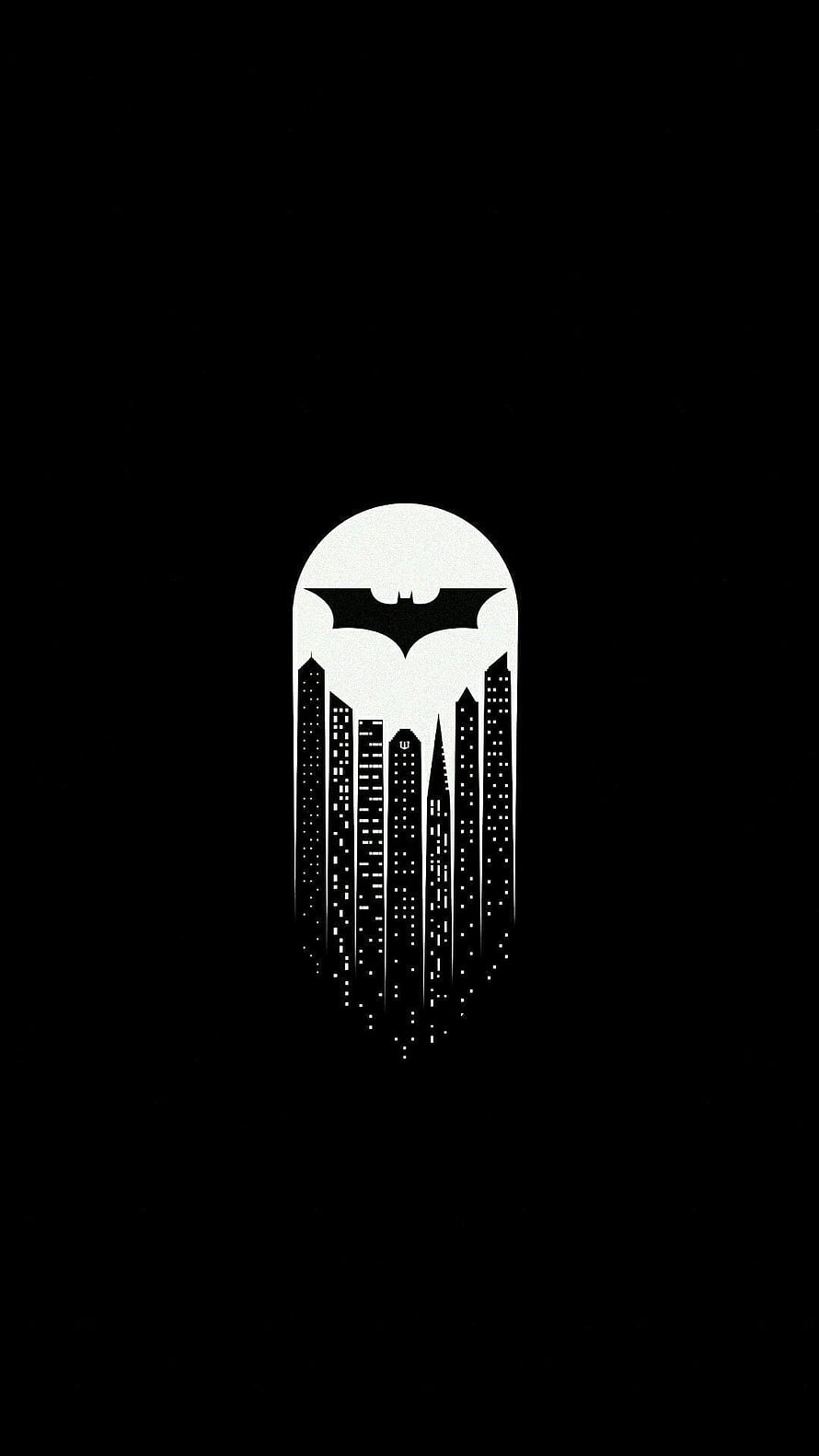 Minimalist Batman Logo Over Gotham City Skyline in Black and White HD phone wallpaper