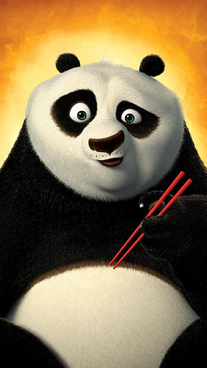 Po from Kung Fu Panda Holding Red Chopsticks Against a Warm Golden Background HD phone wallpaper