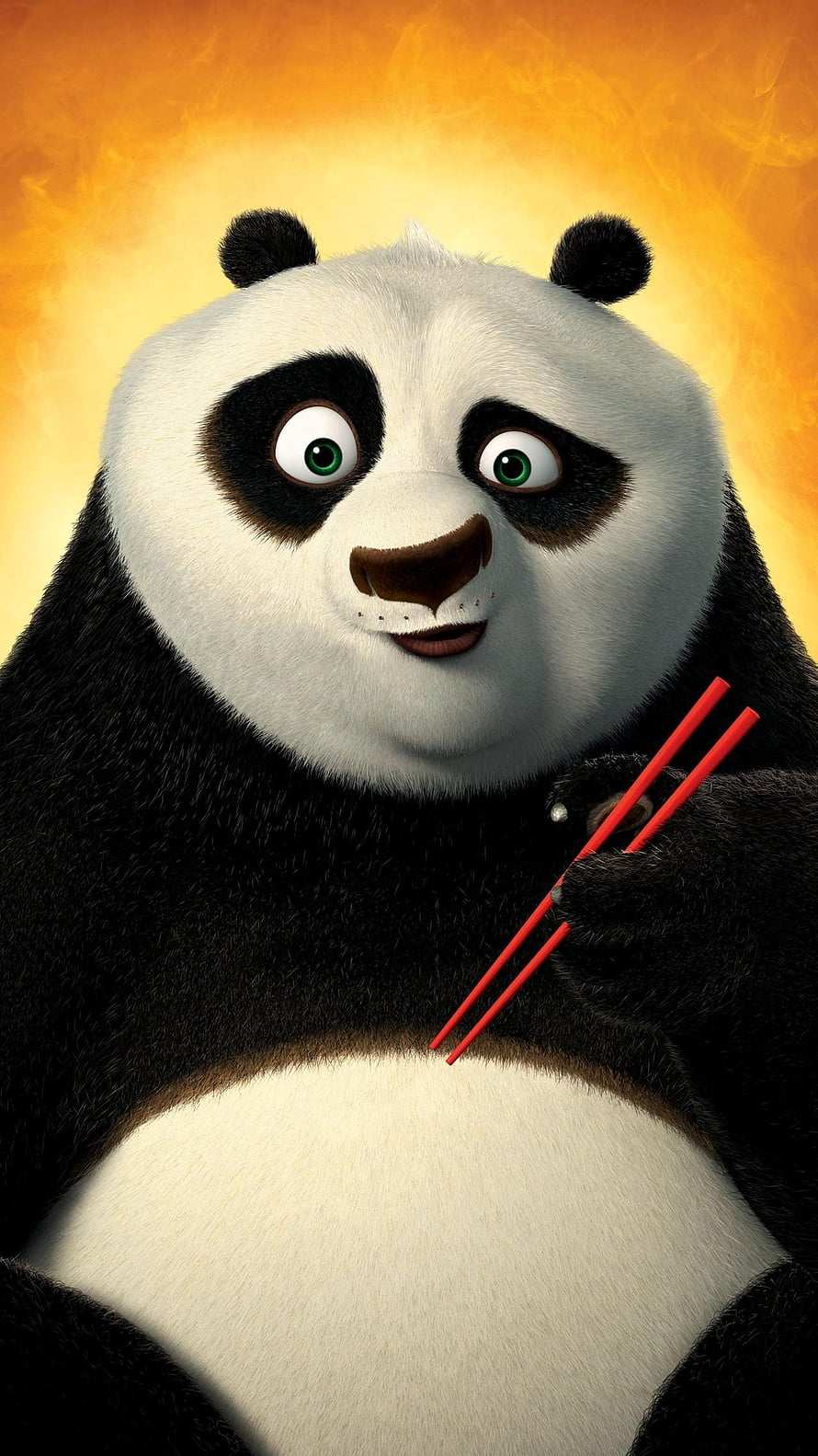 Po from Kung Fu Panda Holding Red Chopsticks Against a Warm Golden Background HD phone wallpaper