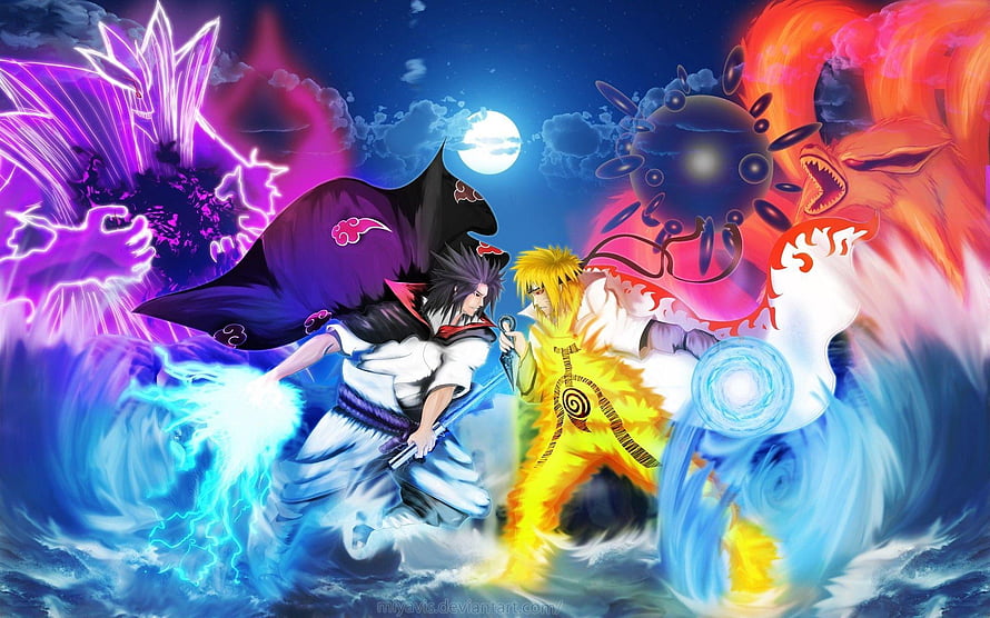 Naruto and Madara Uchiha Epic Battle Scene with Chakra and Tailed Beasts HD wallpaper