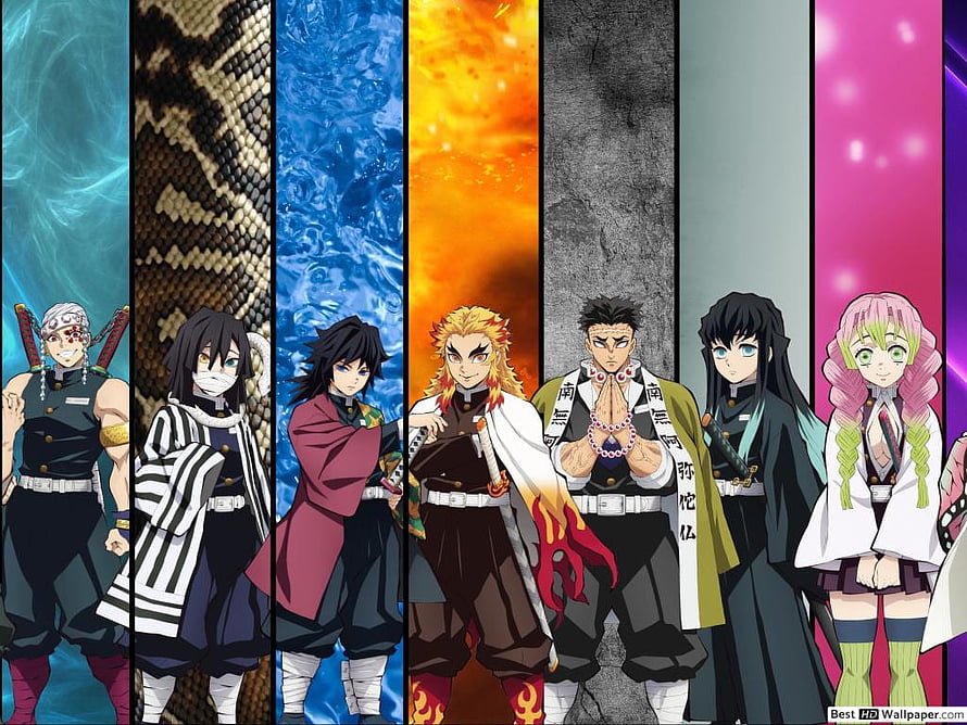 Demon Slayer Nine Pillars Group Portrait with Elemental Backdrops HD wallpaper