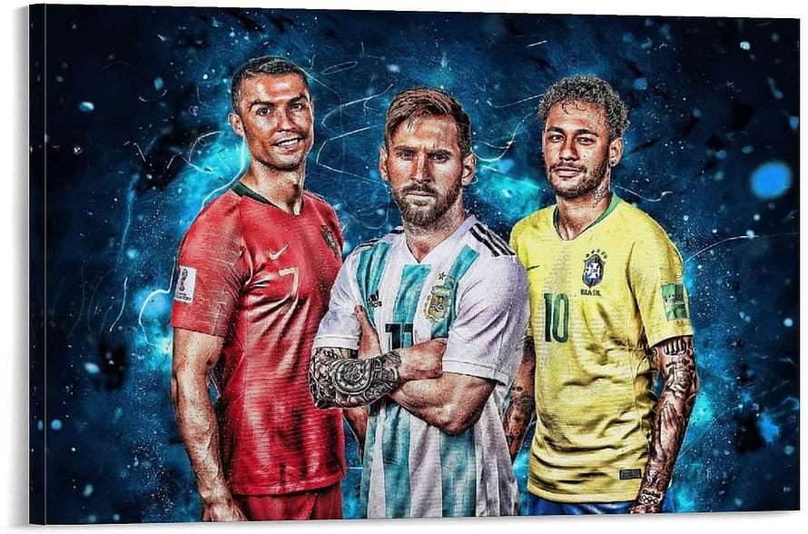 Cristiano Ronaldo, Lionel Messi, and Neymar Jr in National Team Kits on a Cosmic Blue Background HD wallpaper