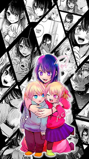 Oshi no Ko Anime Fan Art Featuring Ai Hoshino and Her Twin Children in a Colorful Embrace HD phone wallpaper