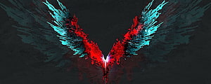 Devil May Cry 5 Stylized Devil Wings with Red and Cyan Ink Splatter on Dark Background HD wallpaper