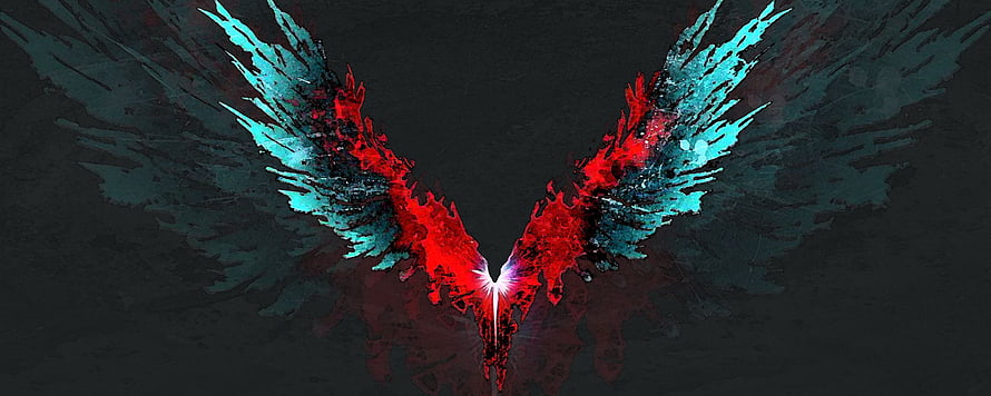 Devil May Cry 5 Stylized Devil Wings with Red and Cyan Ink Splatter on Dark Background HD wallpaper