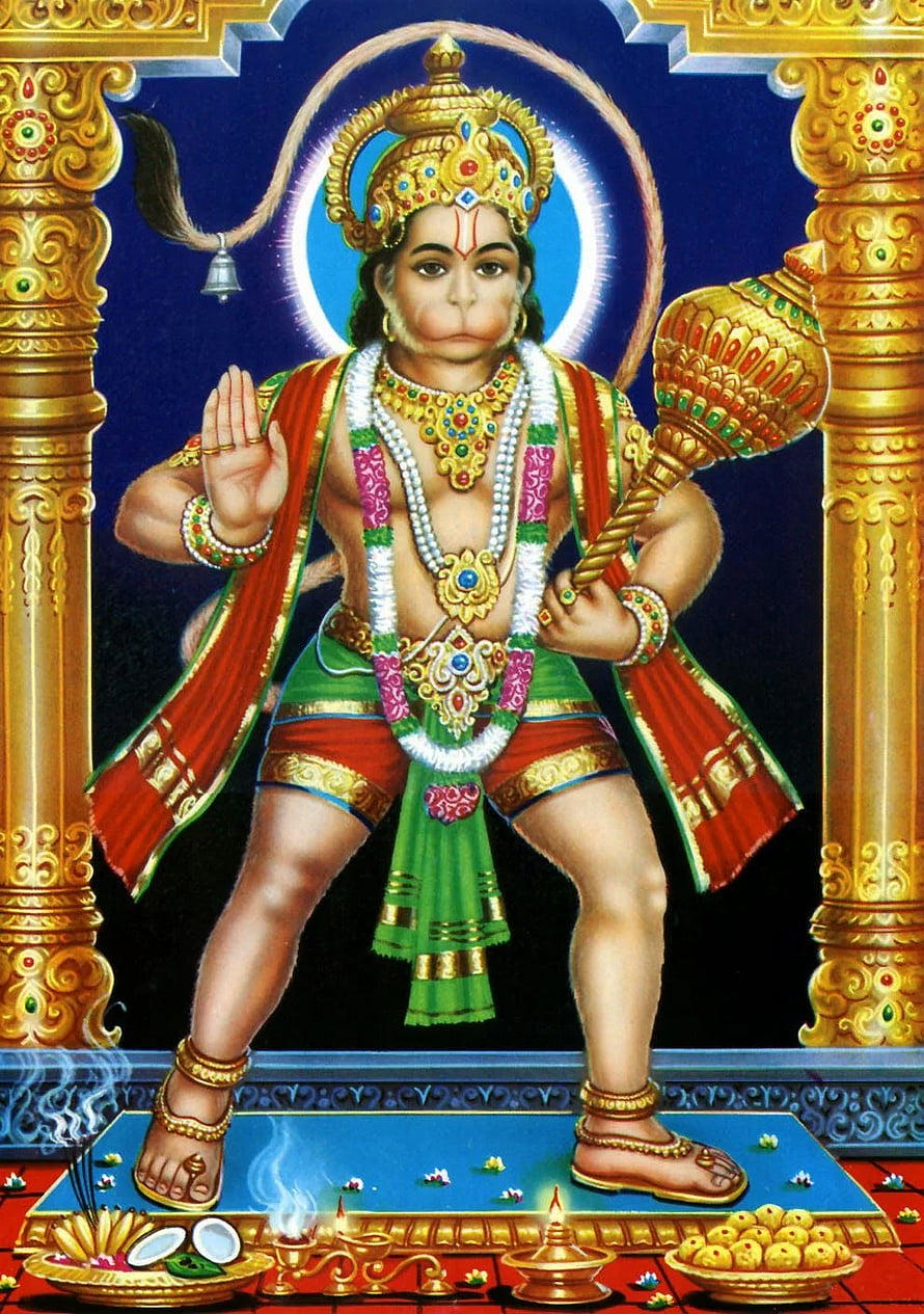 Hanuman Devotional Portrait with Mace and Golden Temple Architecture HD phone wallpaper