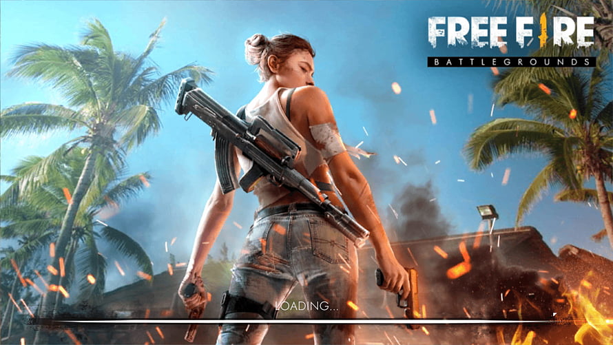 Free Fire Battlegrounds Loading Screen with Armed Female Character and Tropical Setting HD wallpaper