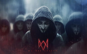 Watch Dogs Legion Anonymous Masked Figure in Rainy Crowd with Red Logo HD wallpaper