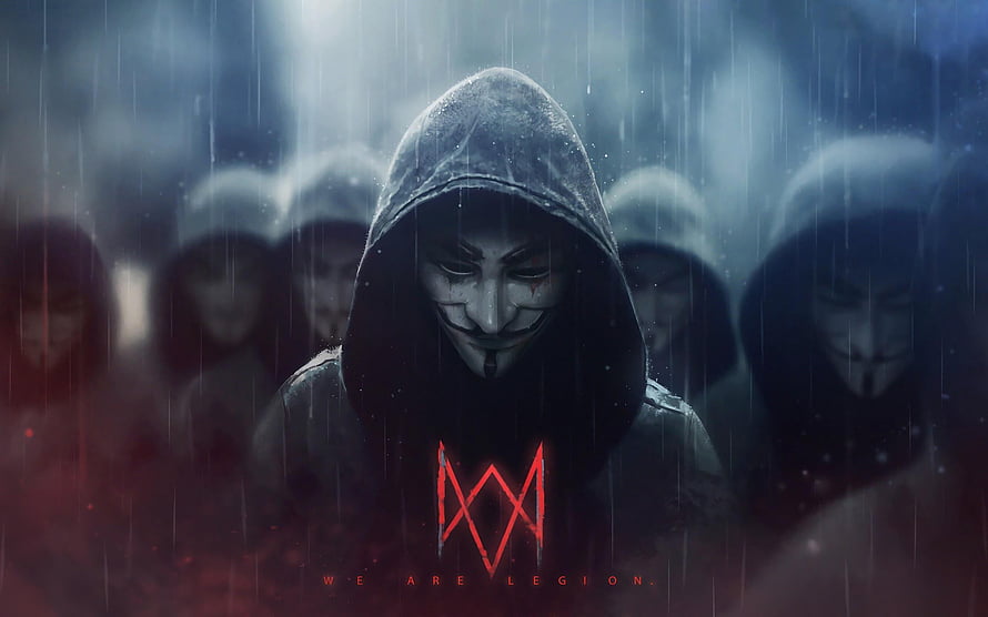 Watch Dogs Legion Anonymous Masked Figure in Rainy Crowd with Red Logo HD wallpaper