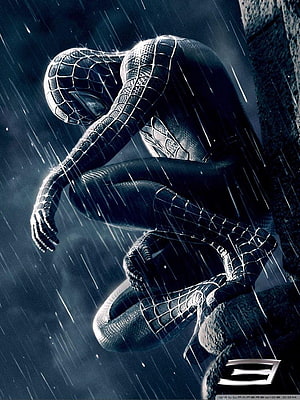 Black Spider-Man Crouching in Heavy Rain on a Rooftop Edge, black spiderman for pc, #Black Spiderman HD phone wallpaper