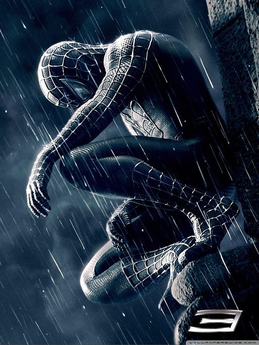 Black Spider-Man Crouching in Heavy Rain on a Rooftop Edge, black spiderman for pc, #Black Spiderman HD phone wallpaper