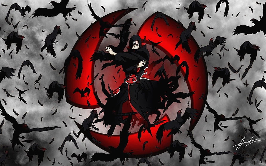 Itachi Uchiha in Akatsuki cloak surrounded by crows and a red moon HD wallpaper