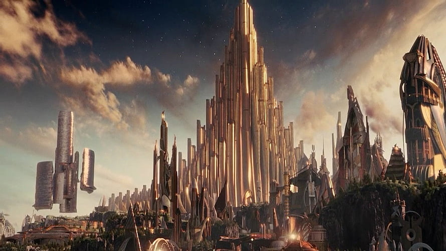 Asgard Golden Cityscape with Towering Spires and Floating Structures HD wallpaper