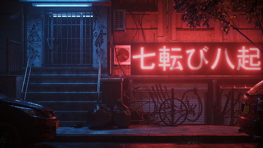 Moody Cyberpunk Alley with Glowing Red Japanese Neon Sign and Blue Staircase HD wallpaper