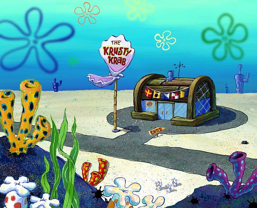 The Krusty Krab Restaurant Exterior in Bikini Bottom Underwater Scene HD wallpaper