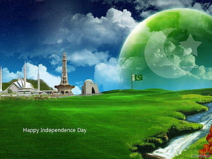 Pakistan Independence Day Celebration with National Flag and Landmarks HD wallpaper