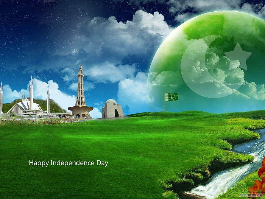 Pakistan Independence Day Celebration with National Flag and Landmarks HD wallpaper