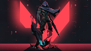 Cypher from Valorant in a dark hooded cloak holding a rifle against a red geometric background HD wallpaper