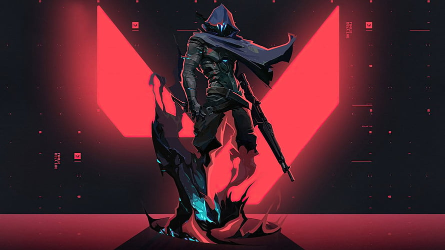 Cypher from Valorant in a dark hooded cloak holding a rifle against a red geometric background HD wallpaper