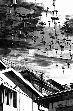 Oyasumi Punpun Black and White Manga Panel of Umbrellas Floating Over Japanese Rooftops HD phone wallpaper