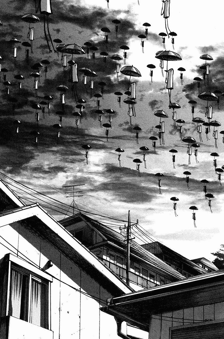 Oyasumi Punpun Black and White Manga Panel of Umbrellas Floating Over Japanese Rooftops HD phone wallpaper