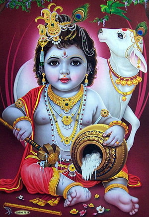 Baby Krishna with Butter Pot and White Cow in Traditional Indian Art HD phone wallpaper
