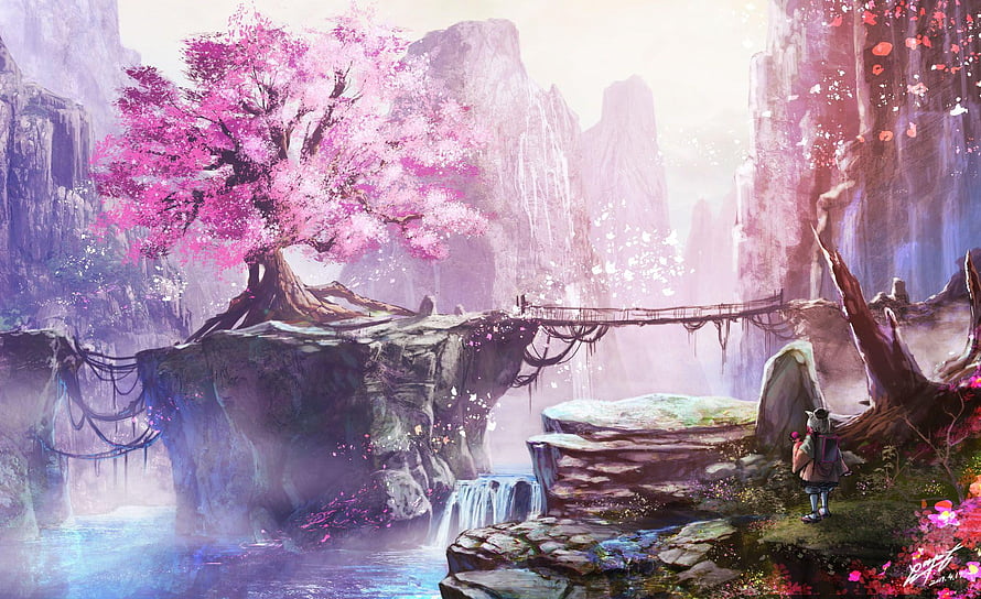 Cherry Blossom Tree on Floating Island with Suspension Bridge and Waterfall HD wallpaper