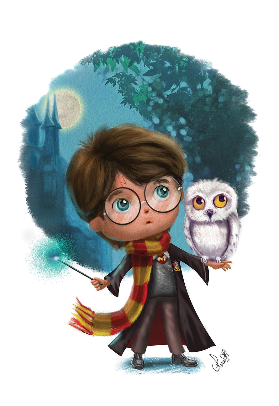Cute Chibi Harry Potter with Hedwig and Hogwarts Castle in Watercolor Style HD phone wallpaper