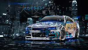 Nissan Skyline GT-R R34 with anime girl wrap in neon cyberpunk cityscape HD wallpaper