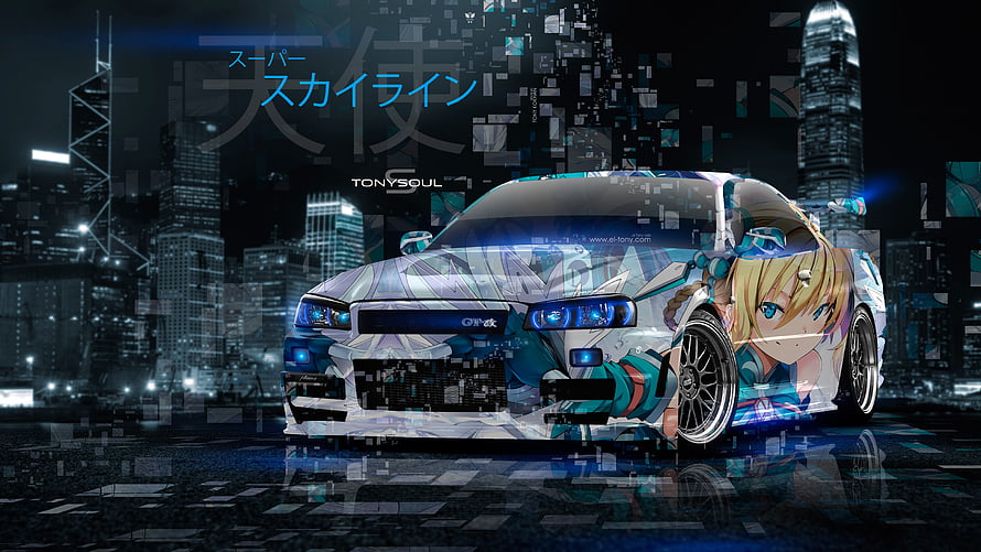 Nissan Skyline GT-R R34 with anime girl wrap in neon cyberpunk cityscape HD wallpaper