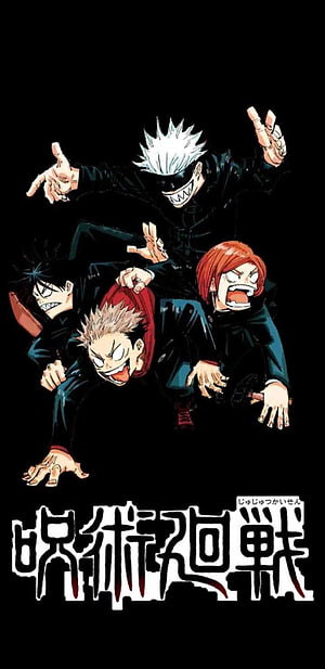 Jujutsu Kaisen Main Characters Dynamic Action Pose on Black Background HD phone wallpaper