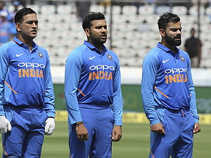 MS Dhoni, Rohit Sharma, and Virat Kohli in India ODI Cricket Uniforms HD wallpaper
