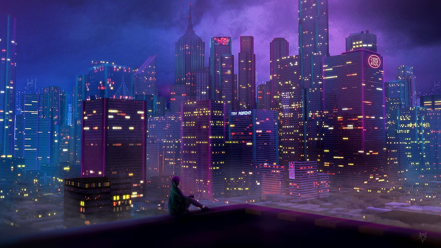 Anime Character Sitting on Rooftop Overlooking Neon Cyberpunk City at Night HD wallpaper
